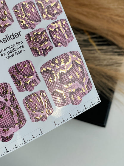 Pedicure nail wrap films mwf-048 | Nail Wrap Films for Pedicure | Lilac Snake Skin with Gold Foil