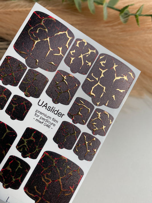 Pedicure nail wrap films mwf-046 | Nail Wrap Films for Pedicure | Black Crackle Design with Gold Foil
