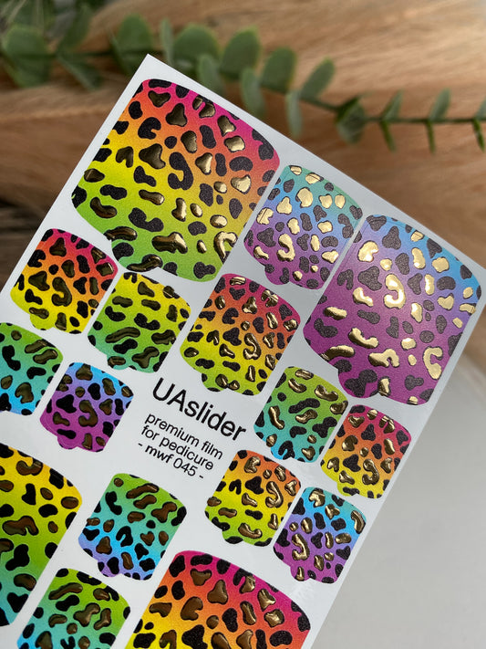 Pedicure nail wrap films mwf-045 | Nail Wrap Films for Pedicure | Neon Leopard Print with Gold Foil