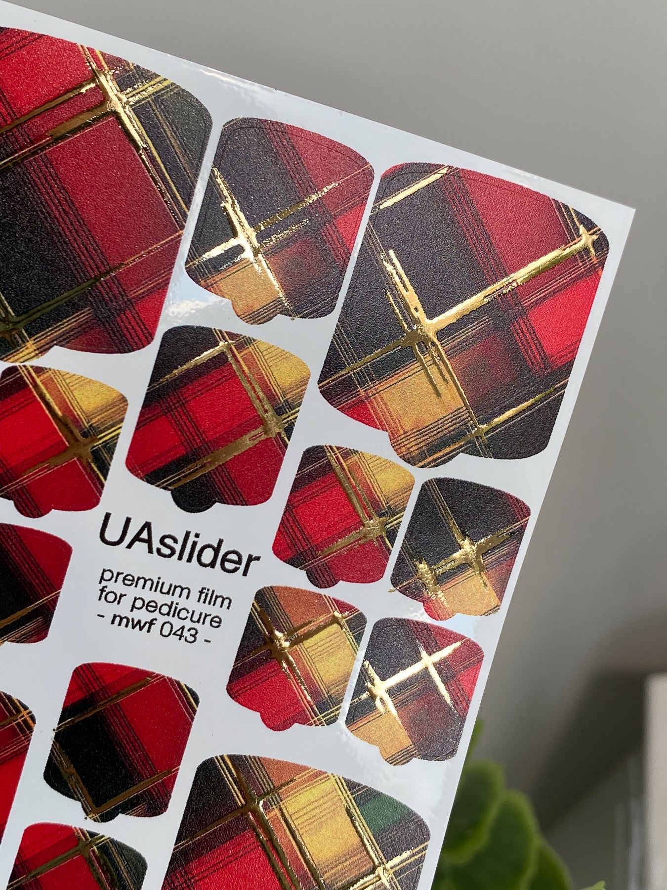 Pedicure nail wrap films mwf-043 | Nail Wrap Films for Pedicure | Red Tartan Pattern with Gold Foil