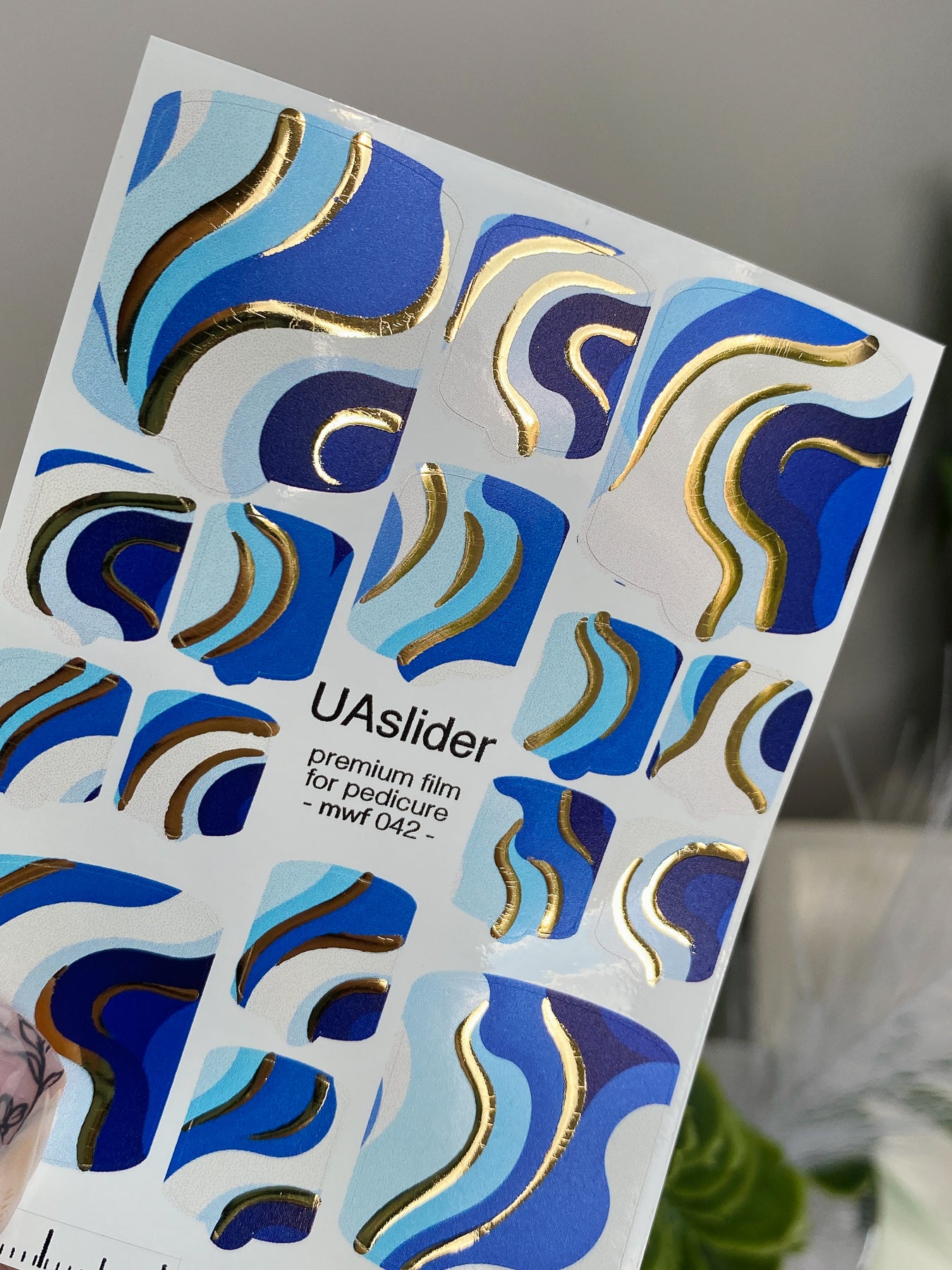 Pedicure nail wrap films mwf-042 | Nail Water Decals for Pedicure | Blue and White Waves with Gold Accents