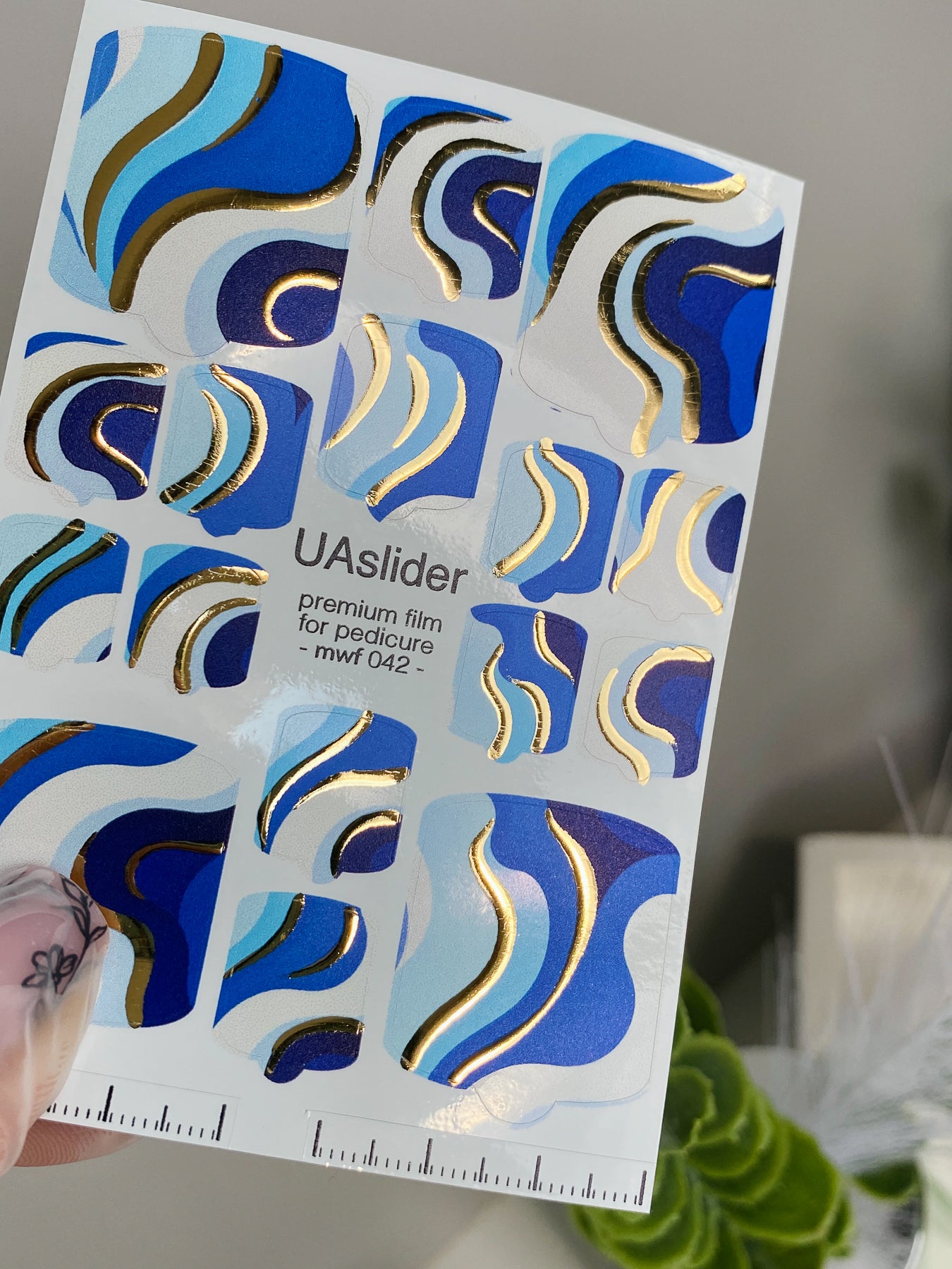 Pedicure nail wrap films mwf-042 | Nail Water Decals for Pedicure | Blue and White Waves with Gold Accents