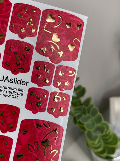 Pedicure nail wrap films mwf-041 | Nail Wrap Films for Pedicure | Red Hearts with Gold Foil