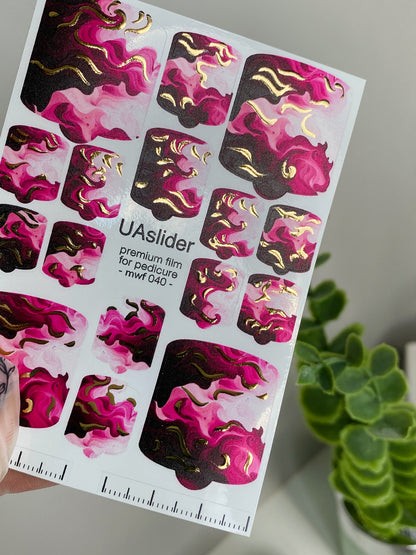 Pedicure nail wrap films mwf-040 | Nail Wrap Films for Pedicure | Pink Marble Waves with Gold Foil