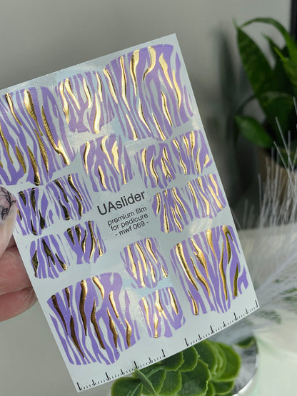 Pedicure nail wrap films mwf-069 | Nail Wrap Films for Pedicure | Lilac Zebra Print with Gold Foil