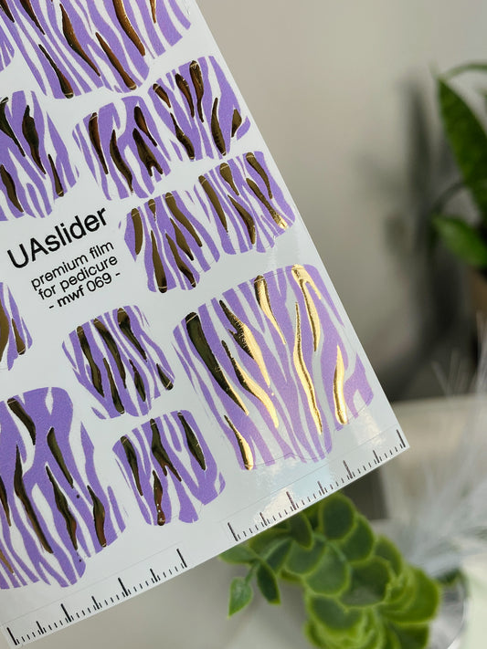Pedicure nail wrap films mwf-069 | Nail Wrap Films for Pedicure | Lilac Zebra Print with Gold Foil