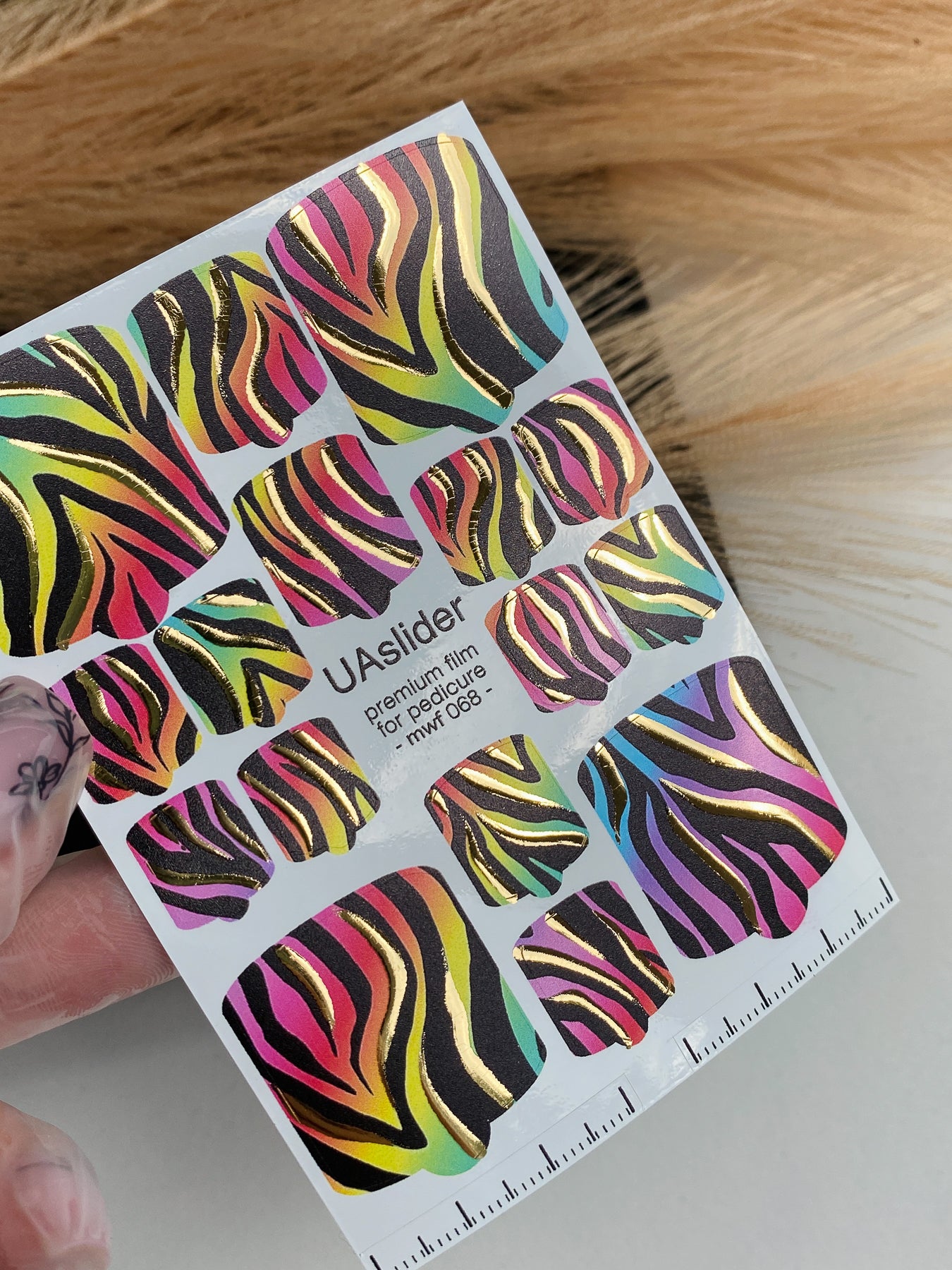 Pedicure nail wrap films mwf-068 | Nail Wrap Films for Pedicure | Neon Zebra Print with Gold Foil