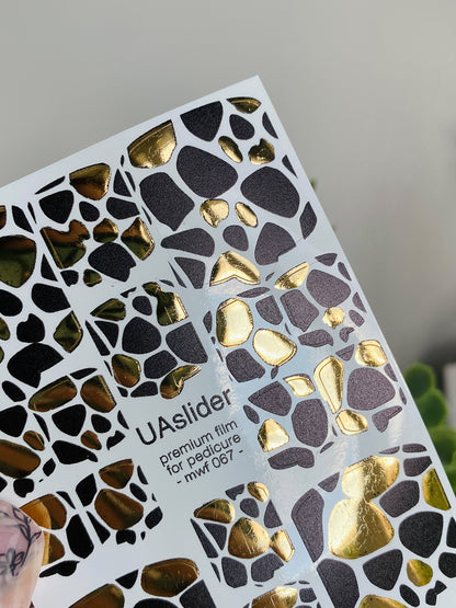 Pedicure nail wrap films mwf-067 | Nail Wrap Films for Pedicure | Black & Gold Giraffe Print with Foil Accents