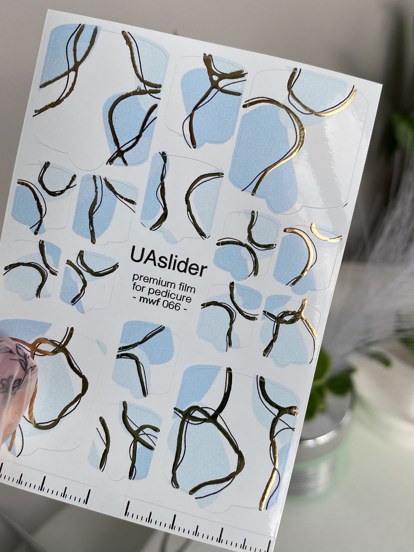 Pedicure nail wrap films mwf-066 | Nail Wrap Films for Pedicure | Light Blue Abstract Design with Gold Foil