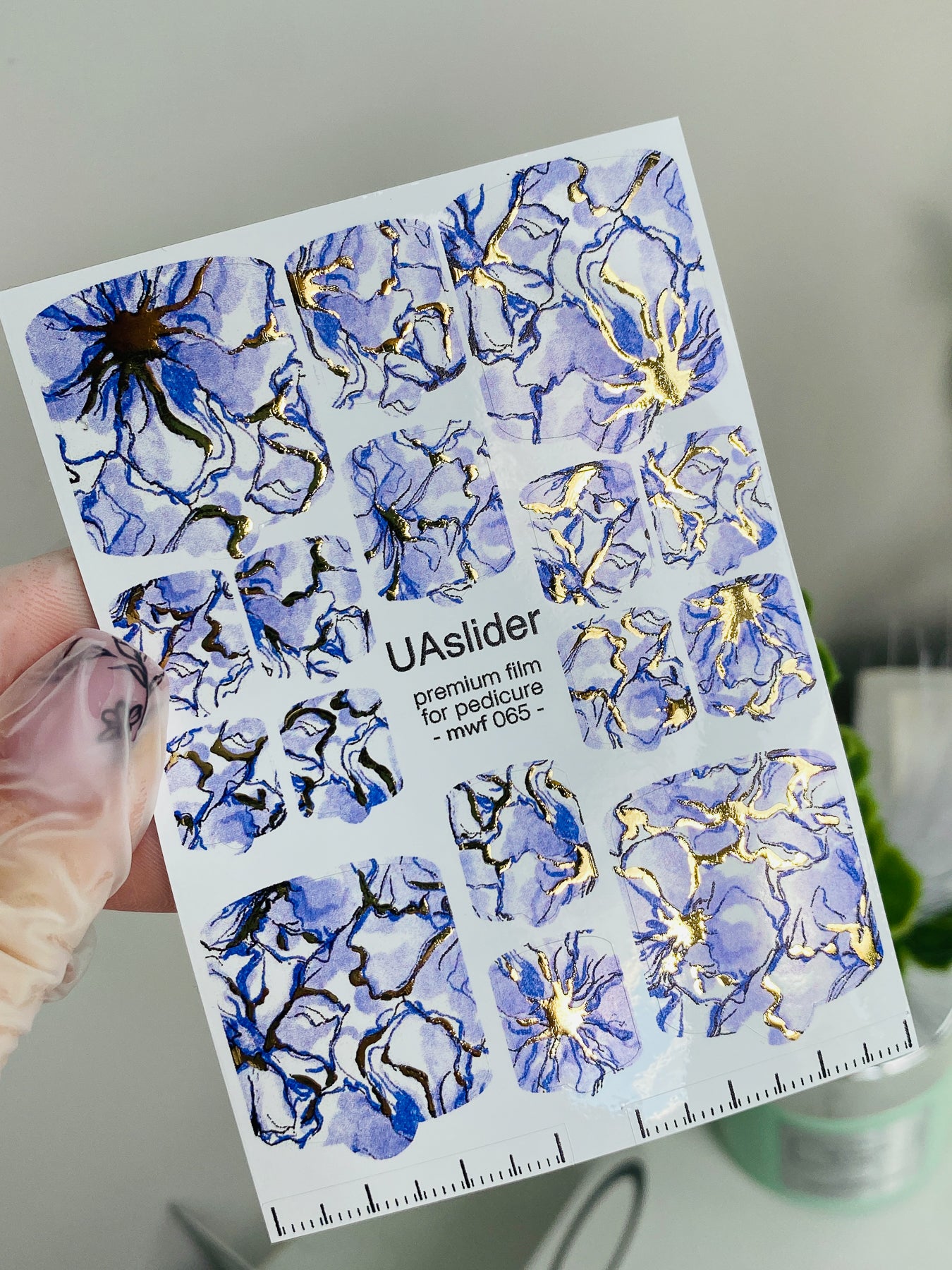 Pedicure nail wrap films mwf-065 | Nail Wrap Films for Pedicure | Lavender Floral Design with Gold Foil