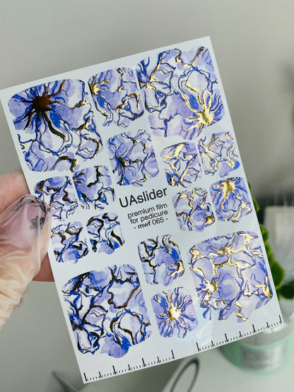Pedicure nail wrap films mwf-065 | Nail Wrap Films for Pedicure | Lavender Floral Design with Gold Foil