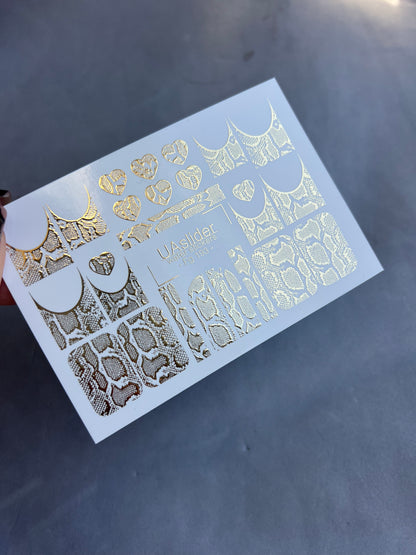 Nail Water Decal Fg-193 | Water Slide Nail Decals | Gold Foil Animal Print & French Hearts