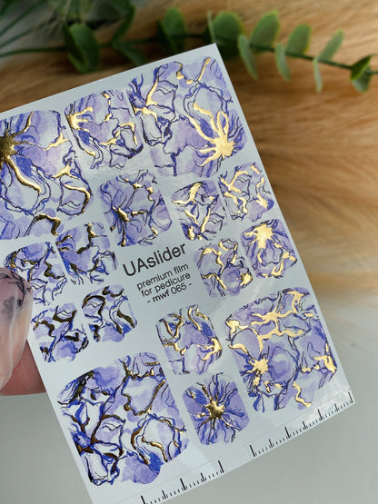 Pedicure nail wrap films mwf-065 | Nail Wrap Films for Pedicure | Lavender Floral Design with Gold Foil