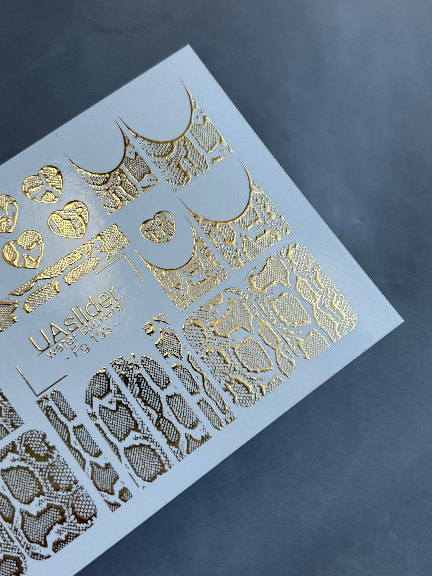 Nail Water Decal Fg-193 | Water Slide Nail Decals | Gold Foil Animal Print & French Hearts