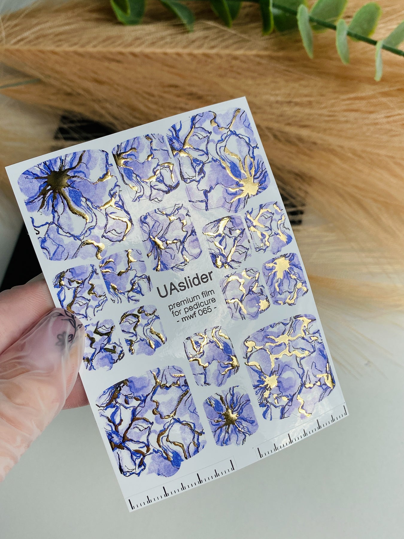 Pedicure nail wrap films mwf-065 | Nail Wrap Films for Pedicure | Lavender Floral Design with Gold Foil