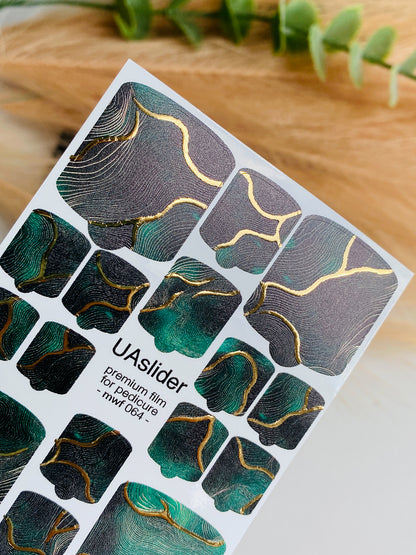Pedicure nail wrap films mwf-064 | Nail Wrap Films for Pedicure | Deep Green Marble with Gold Foil Veins