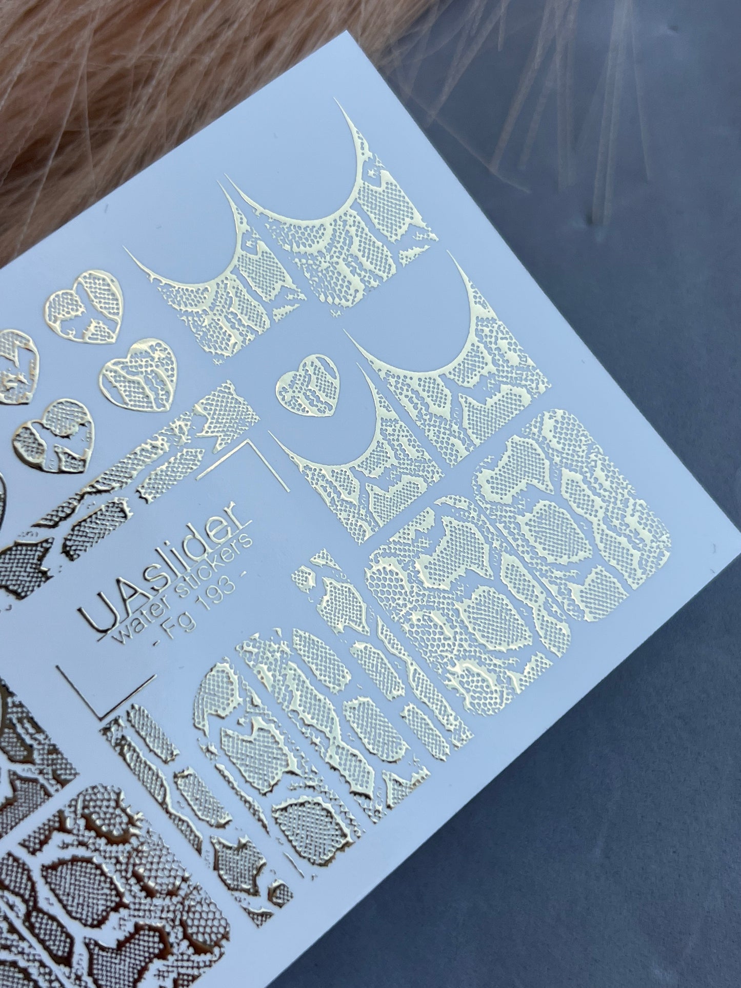 Nail Water Decal Fg-193 | Water Slide Nail Decals | Gold Foil Animal Print & French Hearts