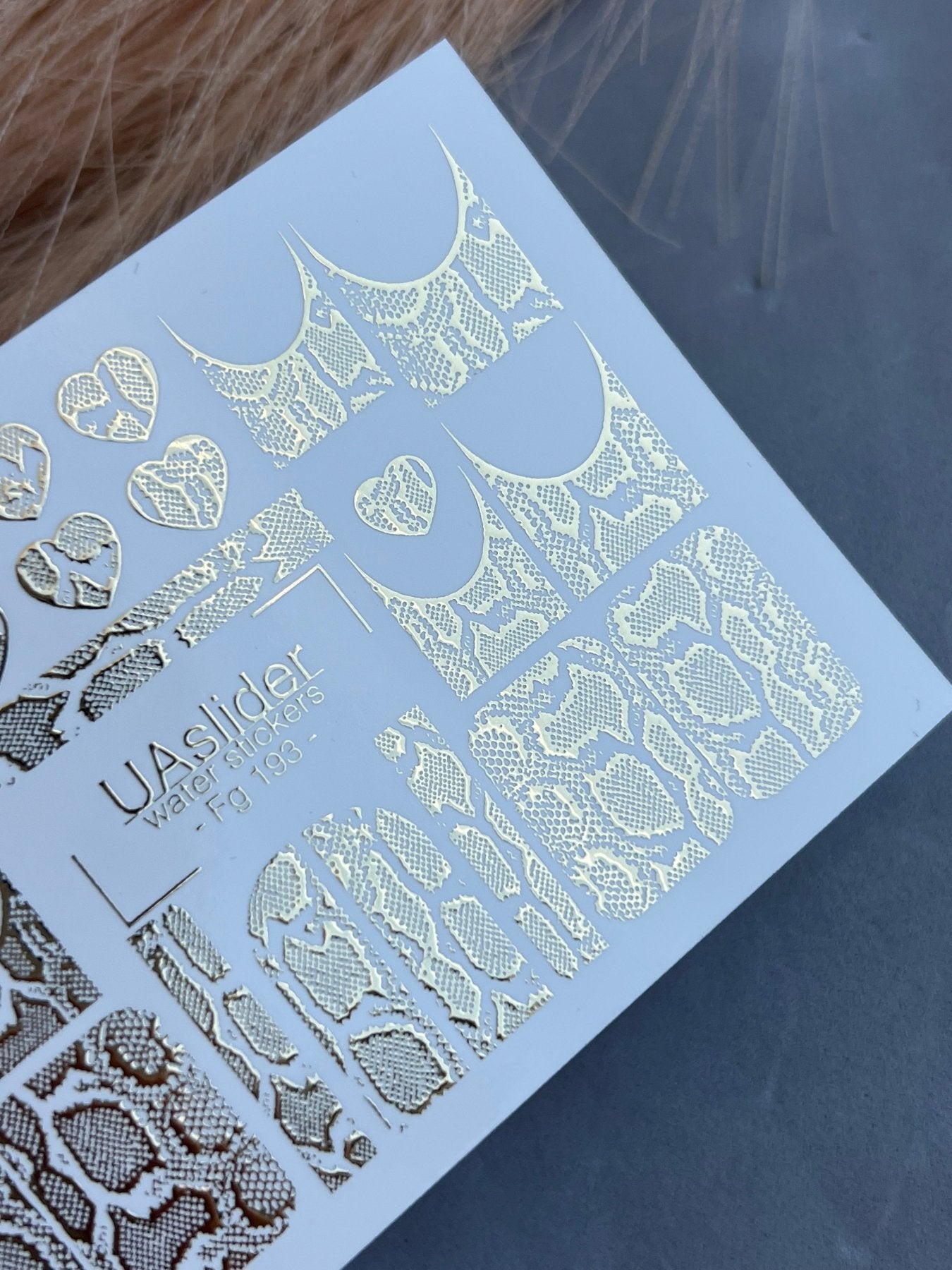 Nail Water Decal Fg-193 | Water Slide Nail Decals | Gold Foil Animal Print & French Hearts - UASLIDER