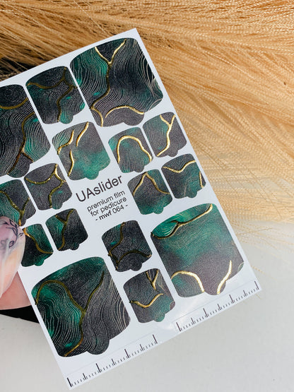 Pedicure nail wrap films mwf-064 | Nail Wrap Films for Pedicure | Deep Green Marble with Gold Foil Veins