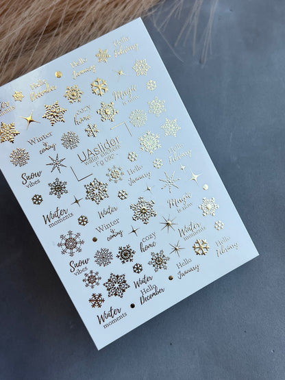 Nagų vandens lipdukas Fg-092 | Vandens slydimo nagų lipdukai | Auksinės snaigės ir žiemos citatos