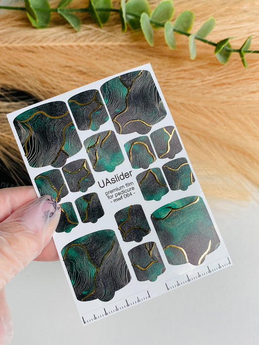 Pedicure nail wrap films mwf-064 | Nail Wrap Films for Pedicure | Deep Green Marble with Gold Foil Veins