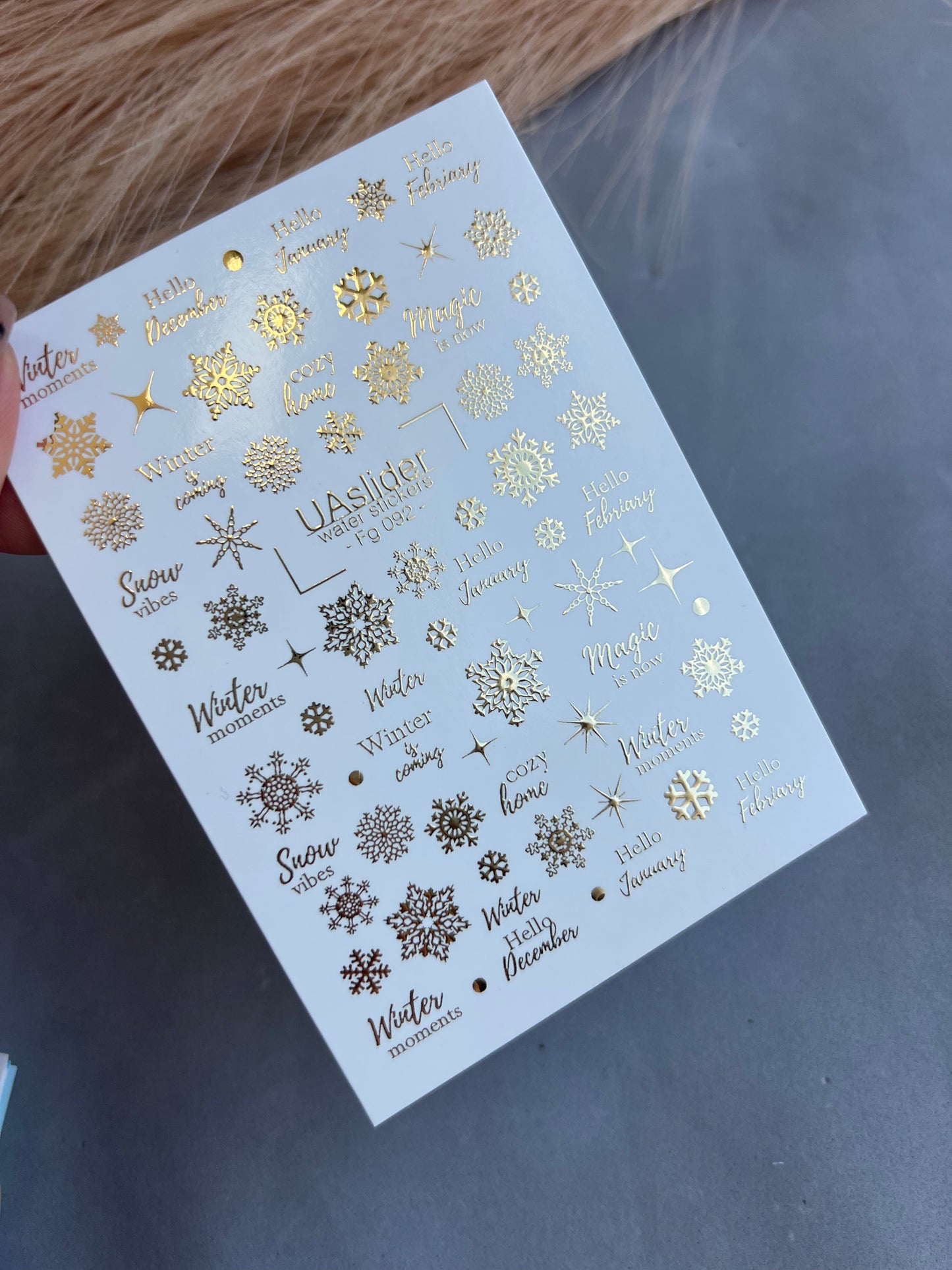 Nagų vandens lipdukas Fg-092 | Vandens slydimo nagų lipdukai | Auksinės snaigės ir žiemos citatos