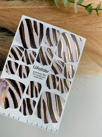 Pedicure nail wrap films mwf-063 | Nail Wrap Films for Pedicure | Nude Zebra Print with Gold Foil