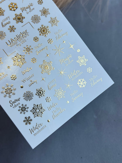 Nagų vandens lipdukas Fg-092 | Vandens slydimo nagų lipdukai | Auksinės snaigės ir žiemos citatos