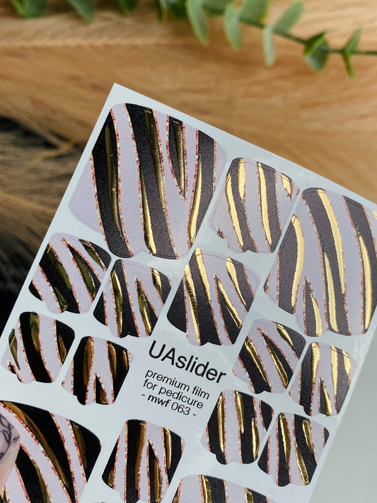 Pedicure nail wrap films mwf-063 | Nail Wrap Films for Pedicure | Nude Zebra Print with Gold Foil