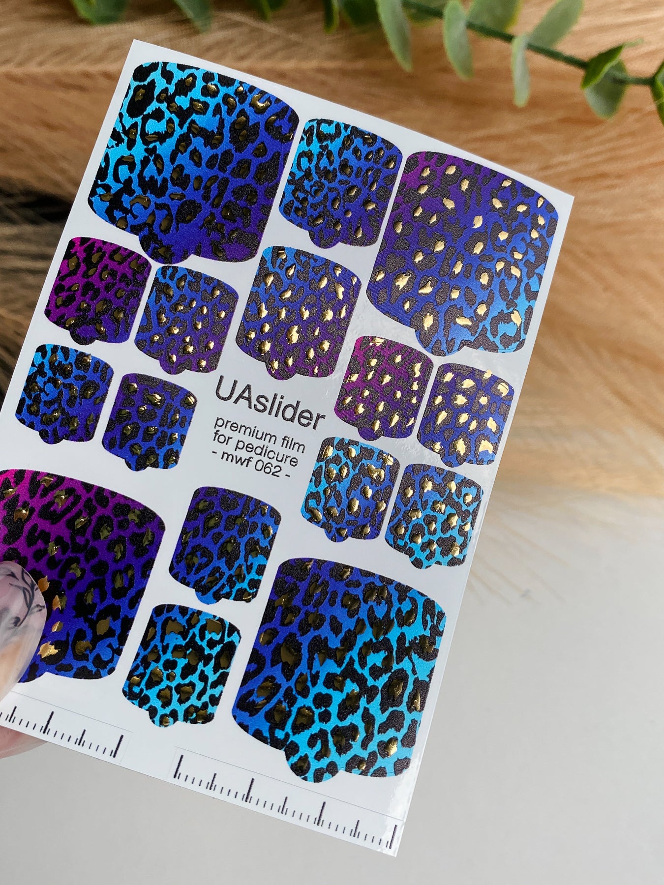 Pedicure nail wrap films mwf-062 | Nail Wrap Films for Pedicure | Blue & Purple Leopard Print with Gold Foil
