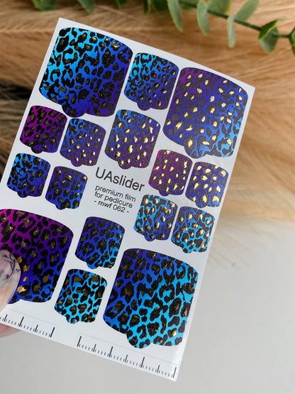 Pedicure nail wrap films mwf-062 | Nail Wrap Films for Pedicure | Blue & Purple Leopard Print with Gold Foil