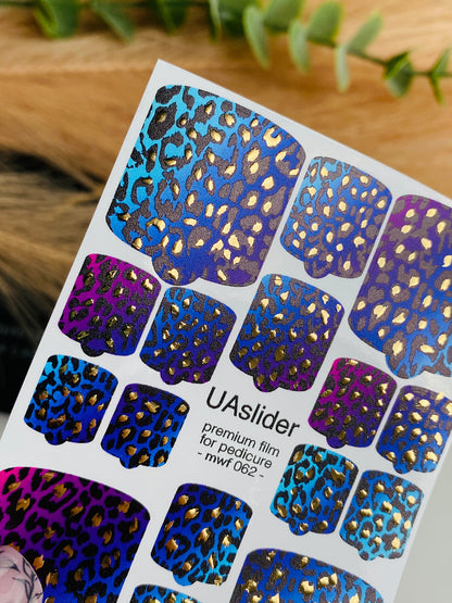 Pedicure nail wrap films mwf-062 | Nail Wrap Films for Pedicure | Blue & Purple Leopard Print with Gold Foil