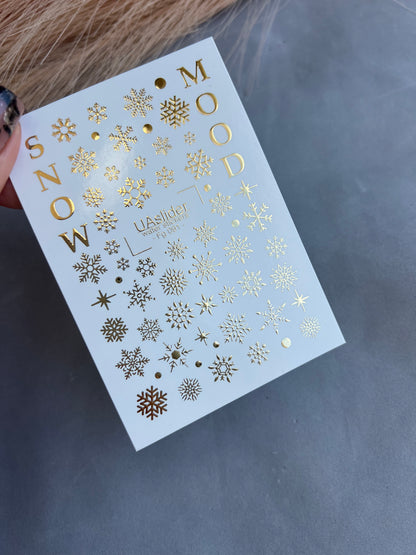 Adesivo de Água para Unhas Fg-091 | Adesivos para Unhas com Folha de Ouro e Deslizamento de Água | Flocos de Neve e Clima de Inverno