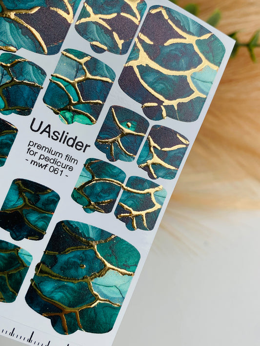Pedicure nail wrap films mwf-061 | Nail Wrap Films for Pedicure | Emerald Marble with Gold Foil