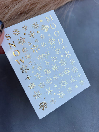 Adesivo de Água para Unhas Fg-091 | Adesivos para Unhas com Folha de Ouro e Deslizamento de Água | Flocos de Neve e Clima de Inverno