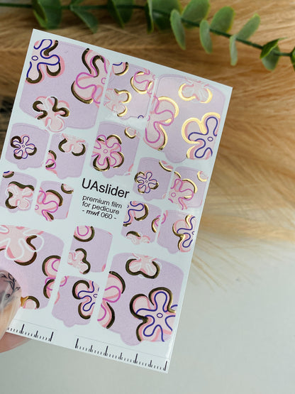 Pedicure nail wrap films mwf-060 | Nail Wrap Films for Pedicure | Pastel Floral Design with Gold Foil