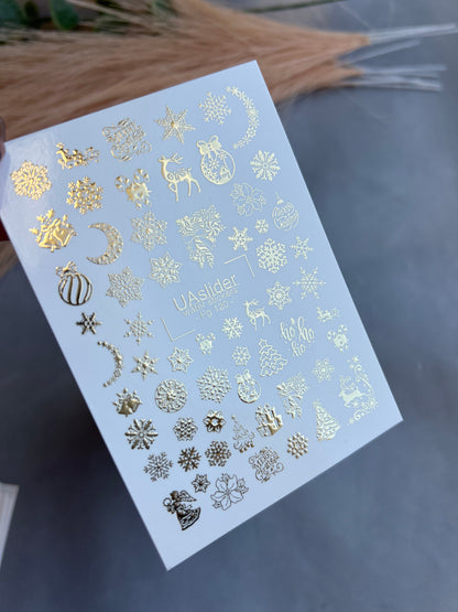 Nail Water Decal Fg-120 | Water Slide Nail Decals with Gold Christmas Designs | Holiday Magic
