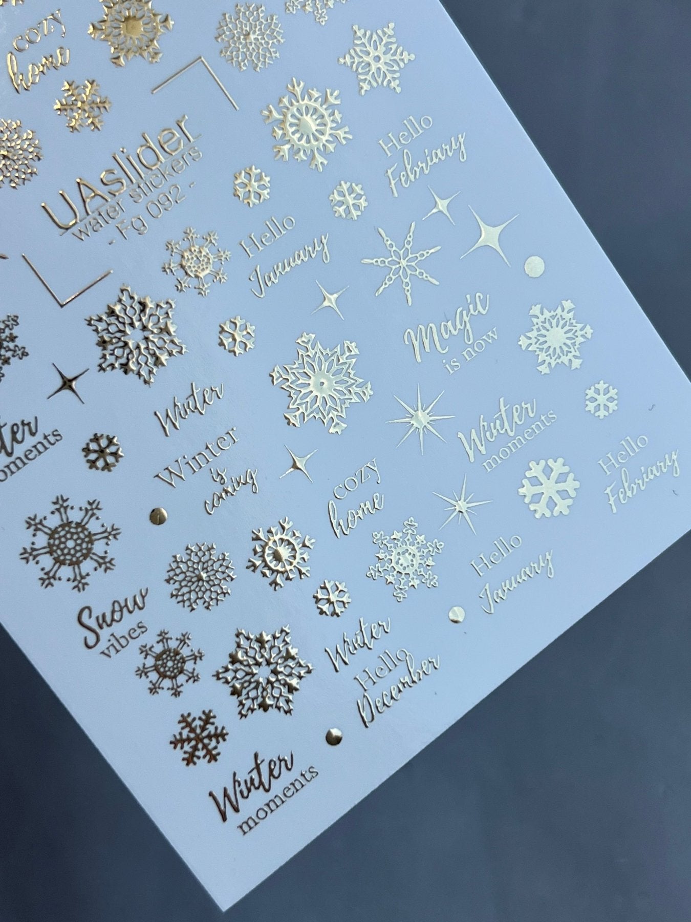 Nail Water Decal Fg-092 | Water Slide Nail Decals | Gold Snowflakes & Winter Quotes - UASLIDER