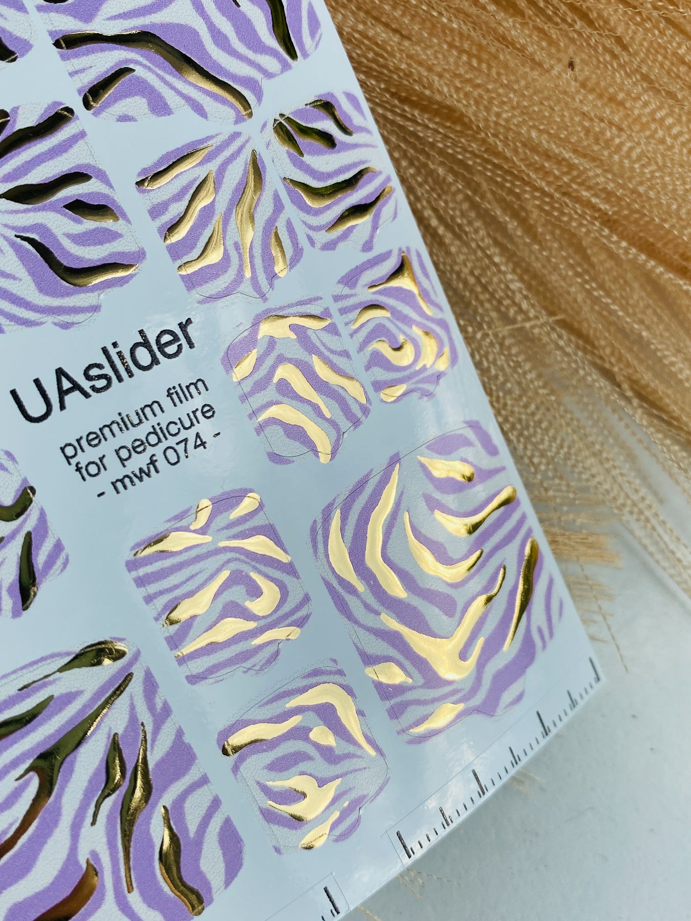 Pedicure nail wrap films mwf-074 | Nail Wrap Films for Pedicure | Lilac Zebra Print with Gold Foil