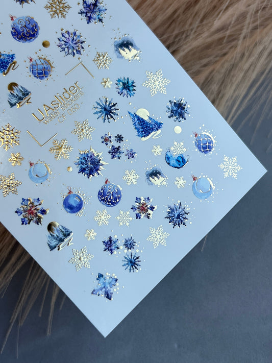 Nail Water Decal CF-050 | Blue Winter Nail Water Decals | Snowflakes, Trees & Christmas Ornaments