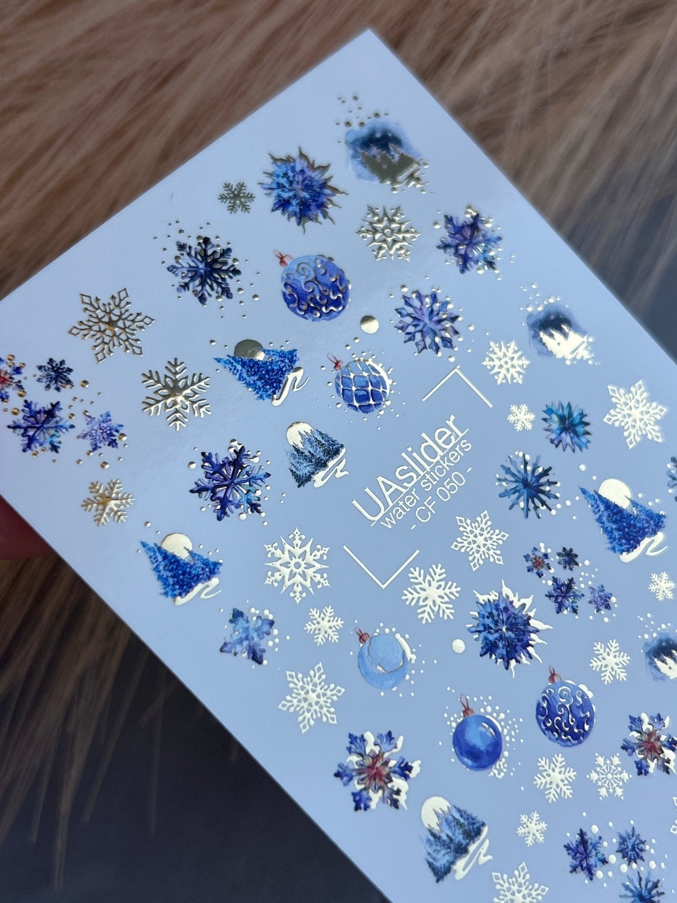 Nail Water Decal CF-050 | Blue Winter Nail Water Decals | Snowflakes, Trees & Christmas Ornaments - UASLIDER