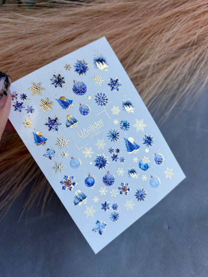 Nail Water Decal CF-050 | Blue Winter Nail Water Decals | Snowflakes, Trees & Christmas Ornaments