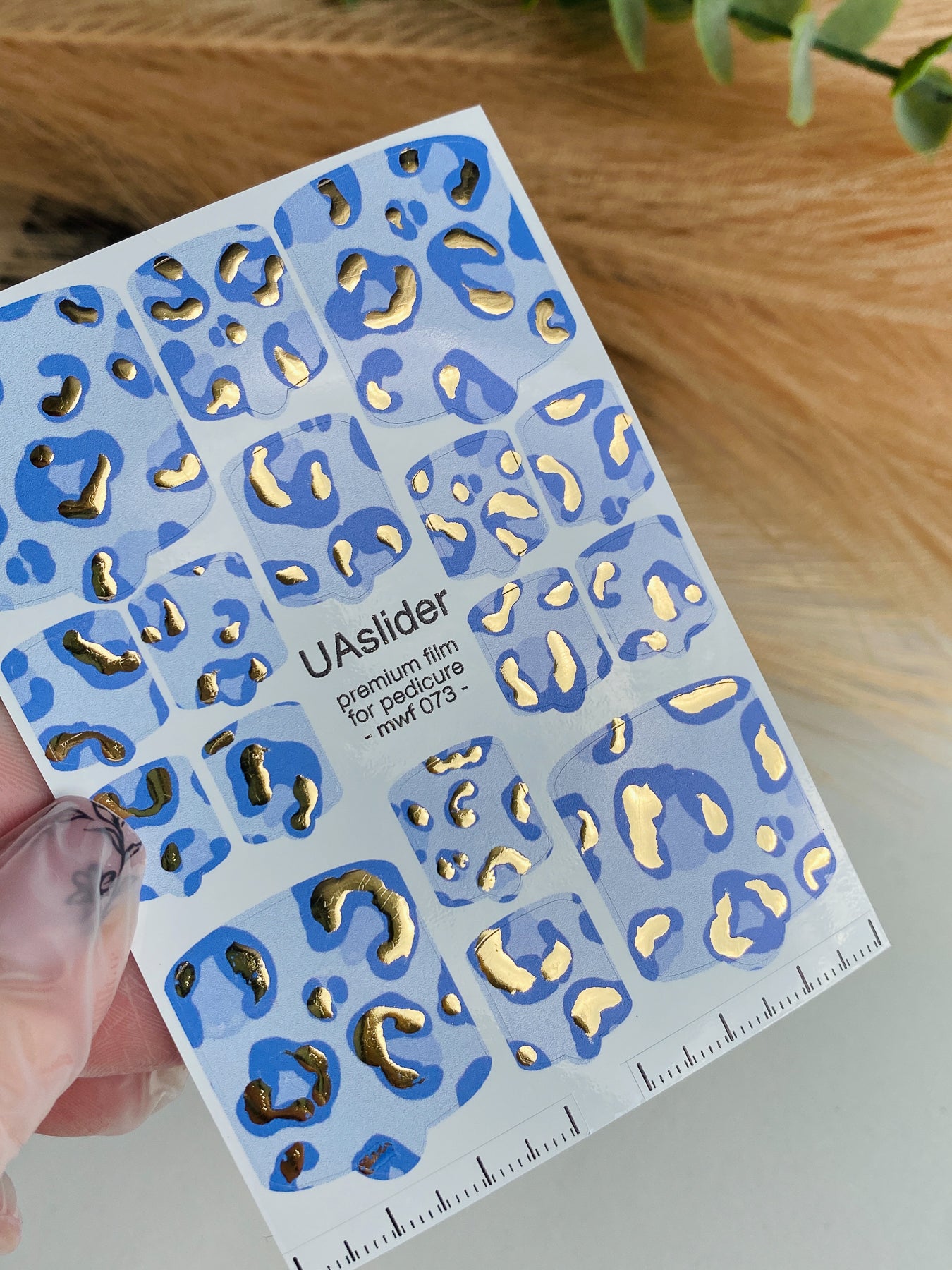 Pedicure nail wrap films mwf-073 | Nail Wrap Films for Pedicure | Blue Leopard Pattern with Gold Foil