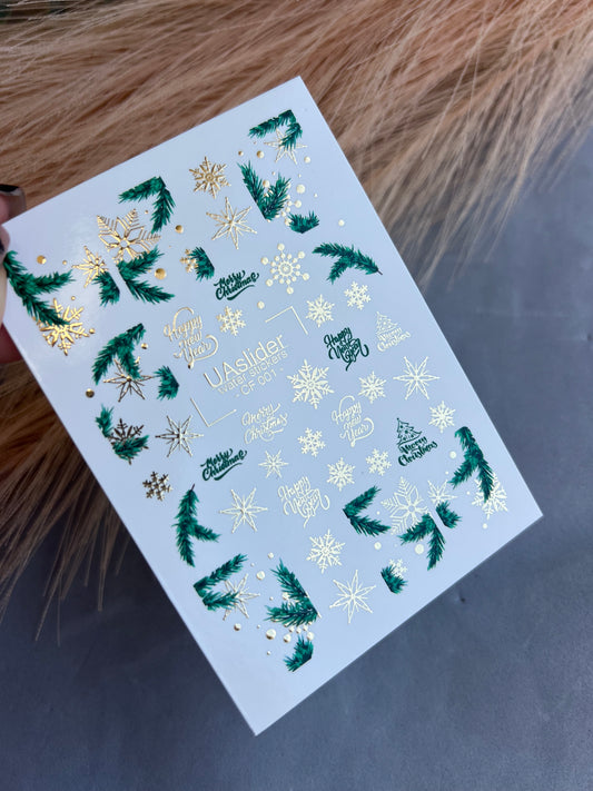 Nail Water Decal CF-001 | Christmas Water Slide Nail Decals, Gold Foil Snowflakes & Pine