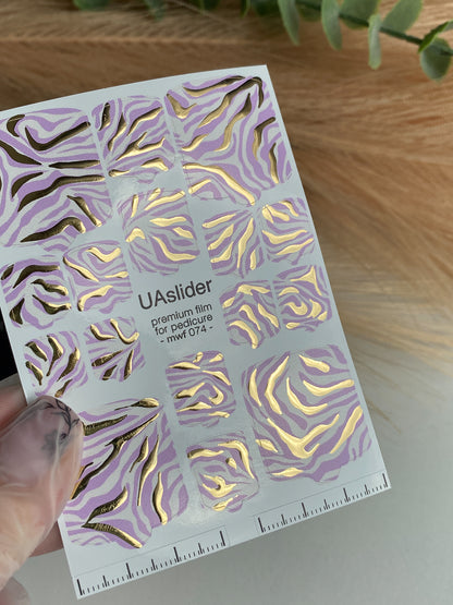 Pedicure nail wrap films mwf-074 | Nail Wrap Films for Pedicure | Lilac Zebra Print with Gold Foil