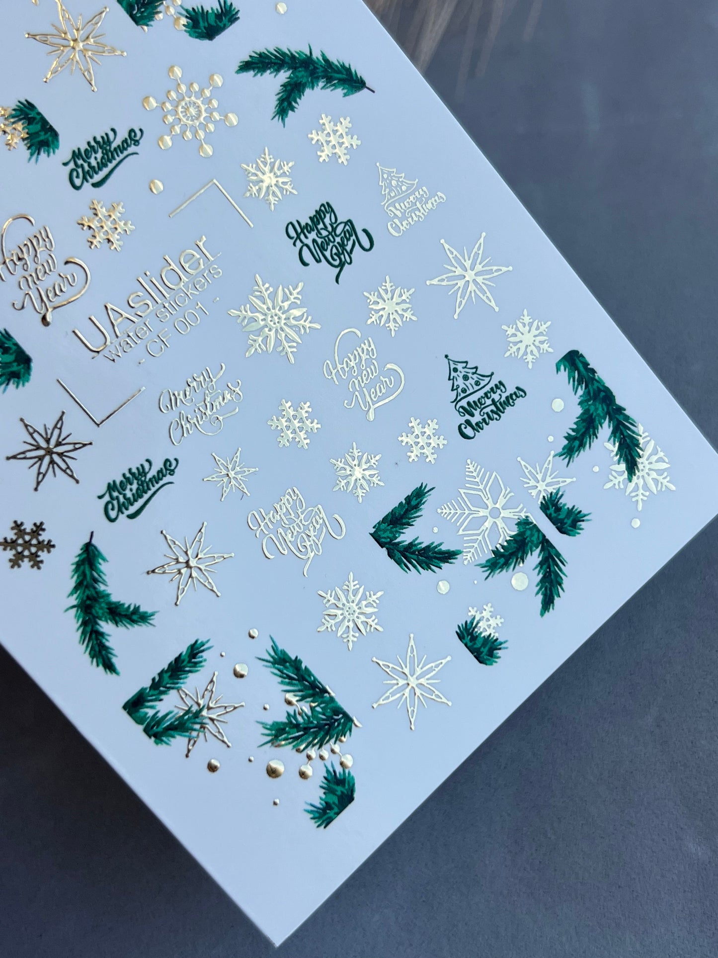 Nail Water Decal CF-001 | Christmas Water Slide Nail Decals, Gold Foil Snowflakes & Pine