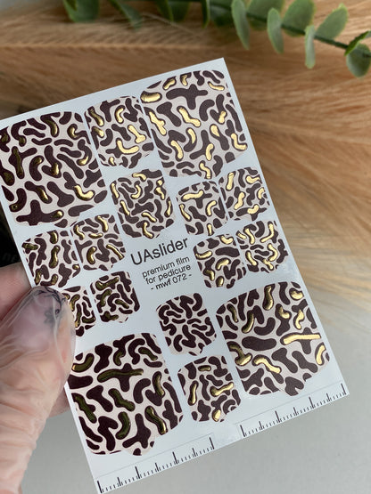 Pedicure nail wrap films mwf-072 | Nail Wrap Films for Pedicure | Brown Abstract Pattern with Gold Foil