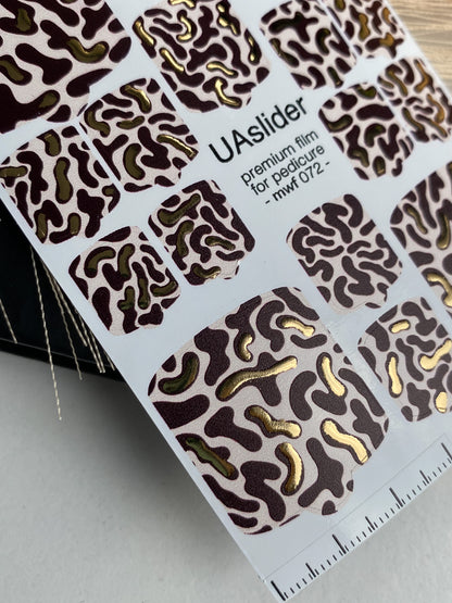 Pedicure nail wrap films mwf-072 | Nail Wrap Films for Pedicure | Brown Abstract Pattern with Gold Foil