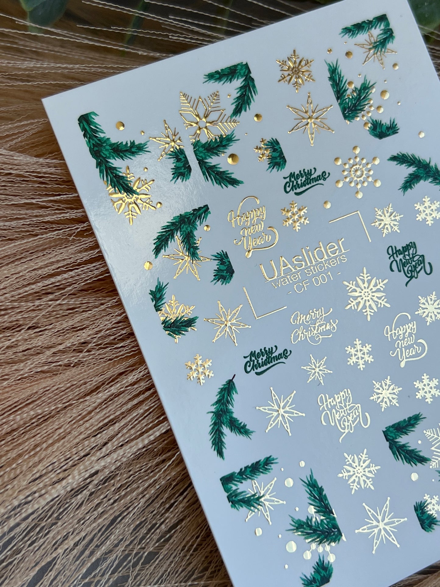 Nail Water Decal CF-001 | Christmas Water Slide Nail Decals, Gold Foil Snowflakes & Pine