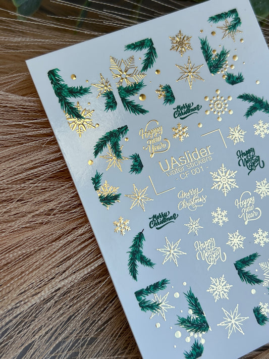 Nail Water Decal CF-001 | Christmas Water Slide Nail Decals, Gold Foil Snowflakes & Pine